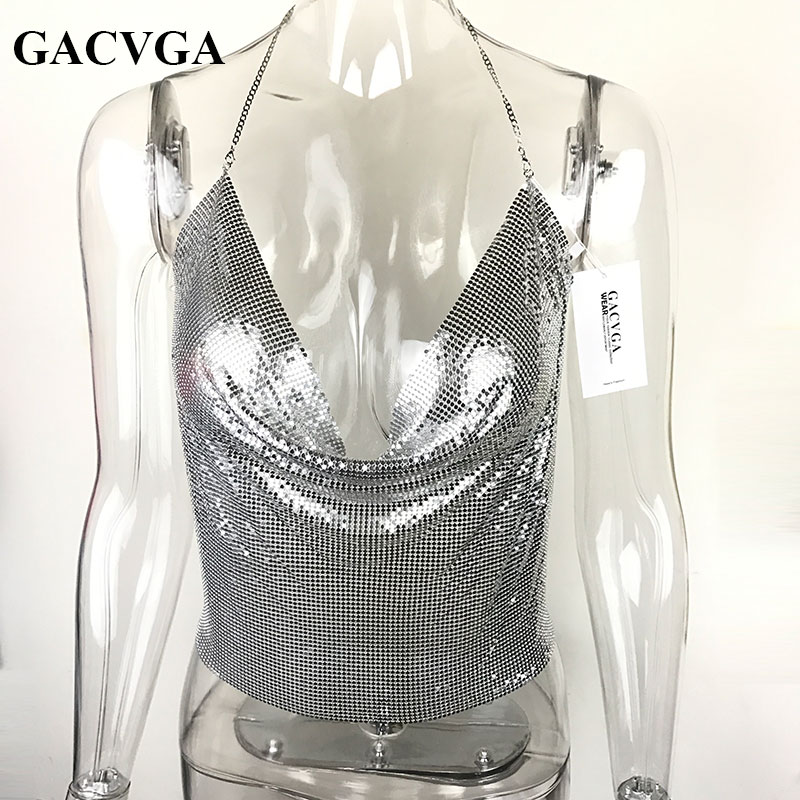 GACVGA 2019 Sexy Backless Sequins Women Crop Tops Halter Tank Camis Summer Cropped Bra Crop Top Strap Ladies Party Vest Blusa