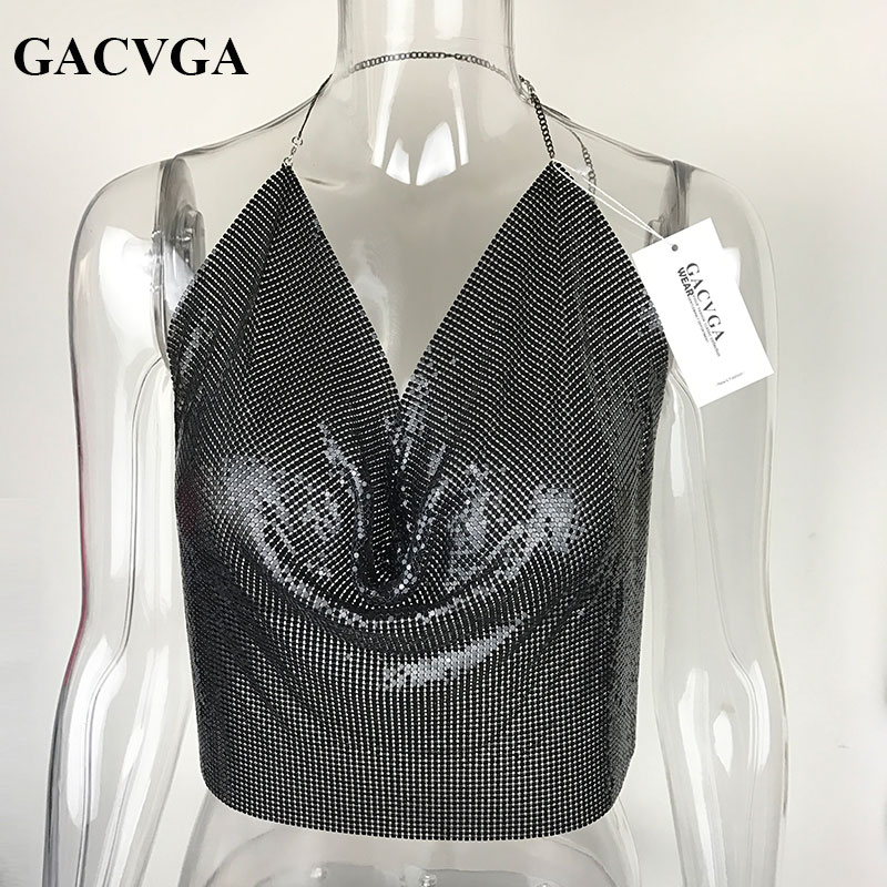 GACVGA 2019 Sexy Backless Sequins Women Crop Tops Halter Tank Camis Summer Cropped Bra Crop Top Strap Ladies Party Vest Blusa