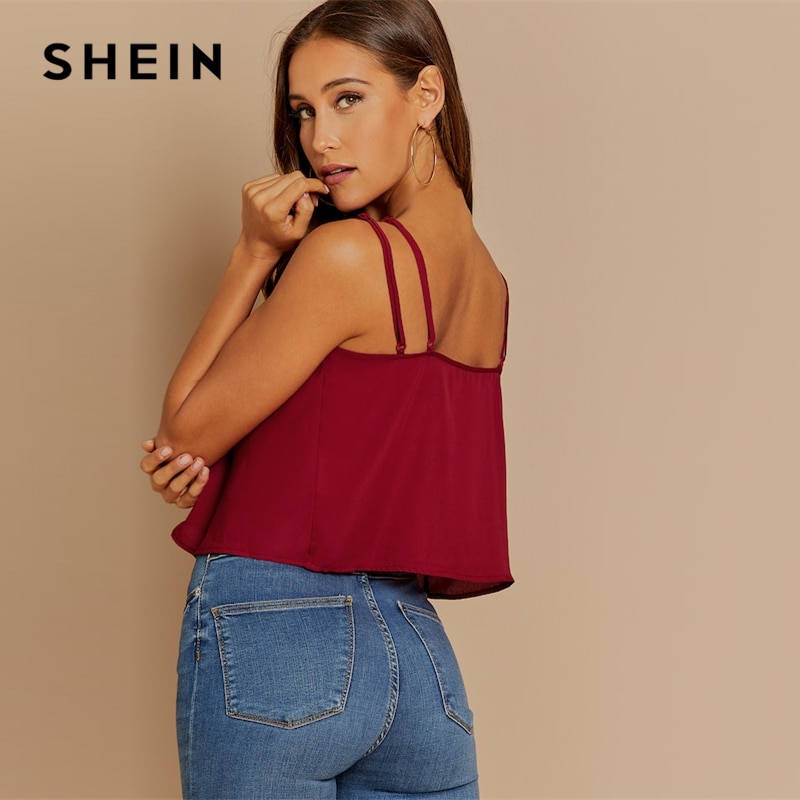 SHEIN Burgundy Casual Backless Solid Double Strap Cami Sexy Vest Top Summer Modern Lady Highstreet Women Vests