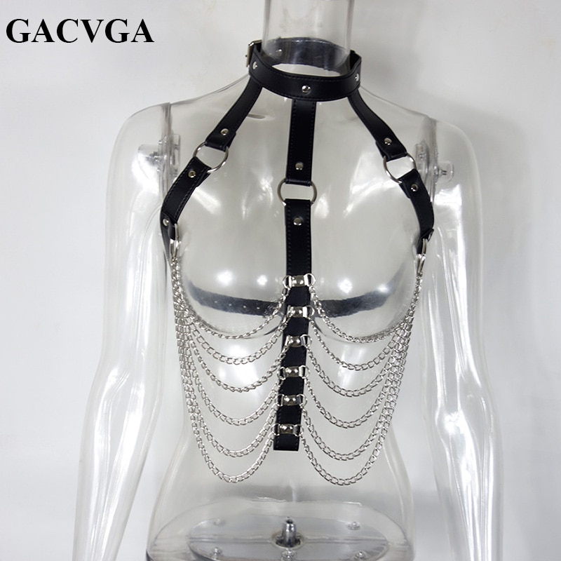 GACVGA 2019 New Sexy Crop Top Women Backless PU Chain Patchwork Tops Seductive Black Hollow Out Tank Tops Party Club Wear
