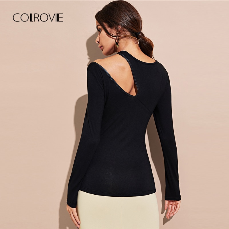 COLROVIE Black Workwear Asymmetric Cut Out Women T-Shirt 2018 Autumn Solid Sexy Slim Top Tee Pullovers Basic Women Clothing