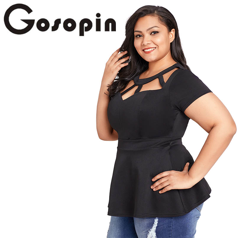 Gosopin Black Summer T-Shirt Women Plus Size Short Sleeve Club Party Shirts Sexy O Neck Blusa Tops Caged Top Hollow Out LC250752