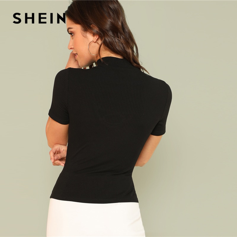 SHEIN Black Elegant Crisscross Choker V Neck Short Sleeve Striped Tee Summer Women Party Sexy T-shirt Top