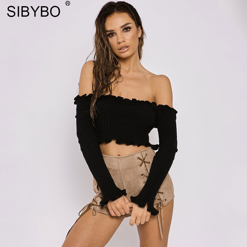 Sibybo Sexy Off Shoulder Knitted T Shirt Women Crop Tops 2017 Autumn Long Sleeve White Slim Nightclub Cropped Top Tees Shirts