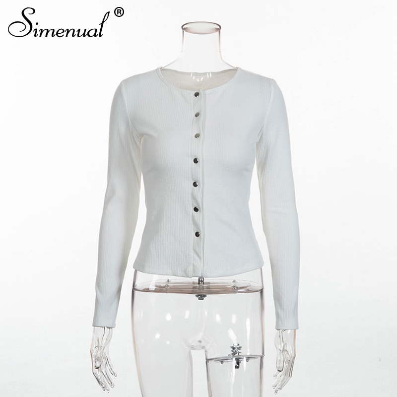 Simenual Buttons up autumn t-shirts for women tops fashion slim sexy white long sleeve female t-shirt solid basic tee shirt sale