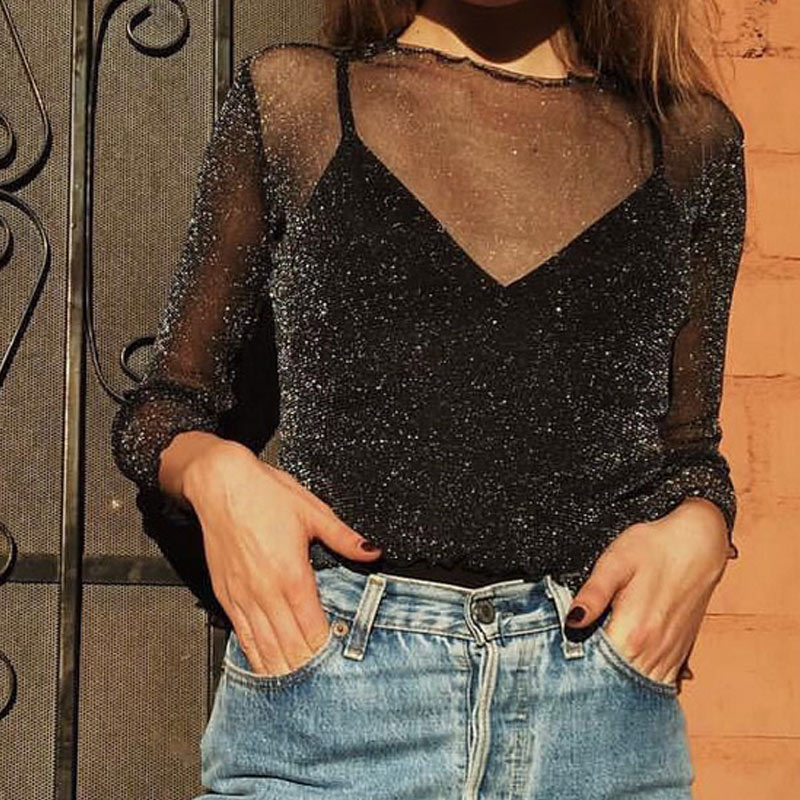 Sexy Women Glitter Sheer Mesh Top Long-Sleeve Casual Perspective Hollow Out Tee Shine Basic T-shirt Tops JL