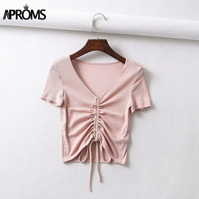 Aproms Sexy V Neck Cropped Tank Tops Women Drawstring Tie Up Front Camis Candy Colors Streetwear Slim Fit Ribbed Crop Top 2019