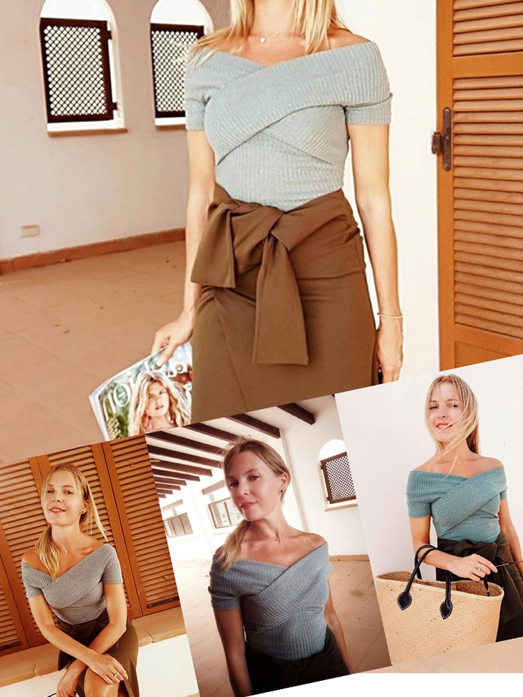Sheinside Green Wrap Design Top Office Ladies Off Shoulder Short Sleeve Sexy T-shirt Women 2018 Summer Plain Slim Elegant Tee