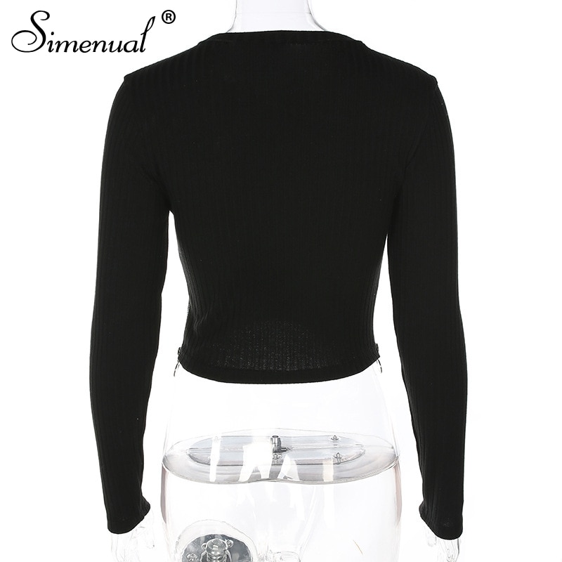Simenual Side zipper t-shirts for women streetwear 2018 autumn slim sexy black female t-shirt crop top long sleeve tee shirt hot