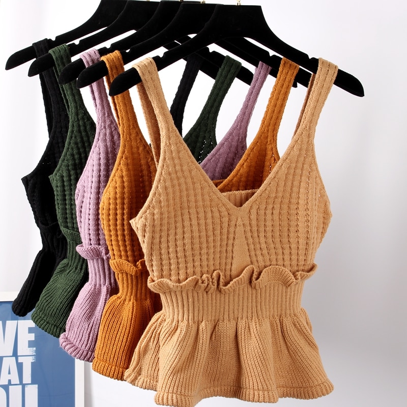 Sexy Stretchable Knit V Neck Crop Cami Tops Autumn Style 2018 Vogue Plain Women Sexy Spaghetti Strap Camisole Tank Shirt