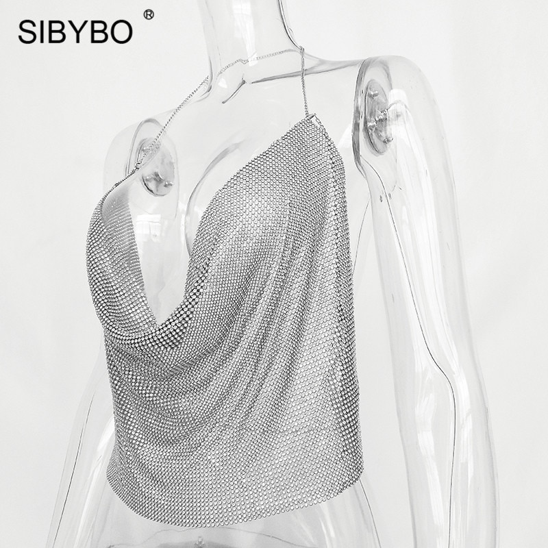 Sibybo Halter Handmade Shiny Rhinestones Crop Top Backless Summer Beach Chic  Party Bralette Cropped Sexy Women Tank Top