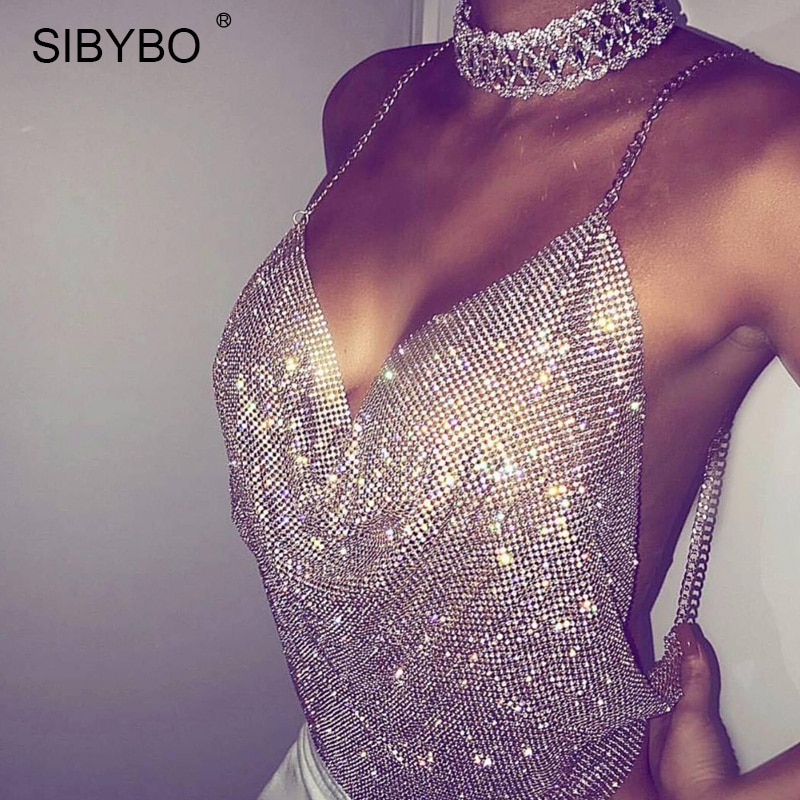 Sibybo Halter Handmade Shiny Rhinestones Crop Top Backless Summer Beach Chic  Party Bralette Cropped Sexy Women Tank Top