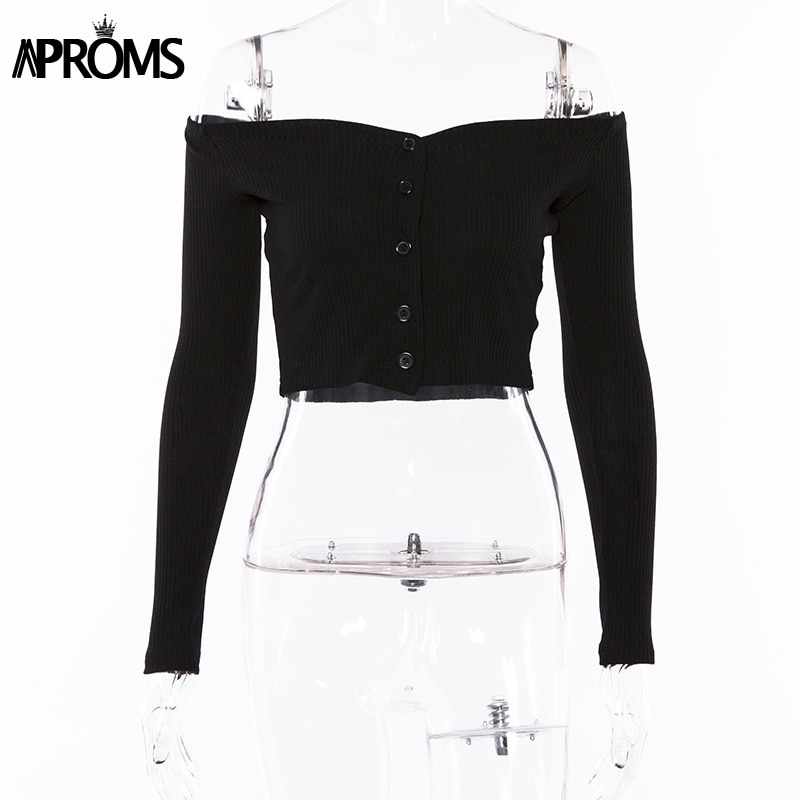 Aproms Off Shoulder Cropped Tank Tops Women Sexy Ribbed Knitted Crop Top Ladies Streetwear Basic Tees Camis 2019