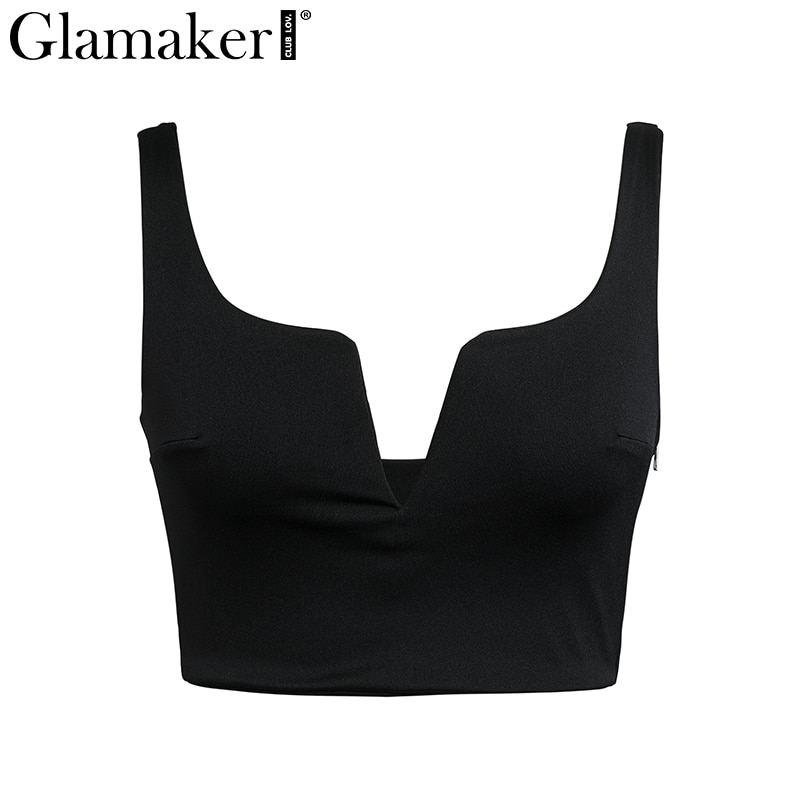 Glamaker Black deep v neck summer sexy crop top Women white strap short tank tops Female red sleeveless party club cropped cami