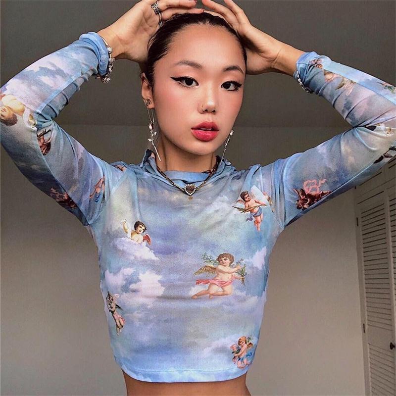 InstaHot Mesh Cupid Angel Turtleneck T Shirts Tops Women Transparent 2018 See Through Blue Elastic Skinny Crop Tops Stretchy New