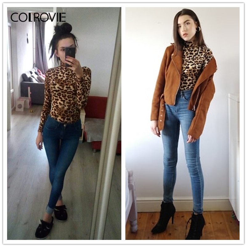 COLROVIE Leopard Print Turtleneck Workwear Ladies T Shirt Women Clothing 2019 Spring Long Sleeve Sexy Female Shirts Tops Tee