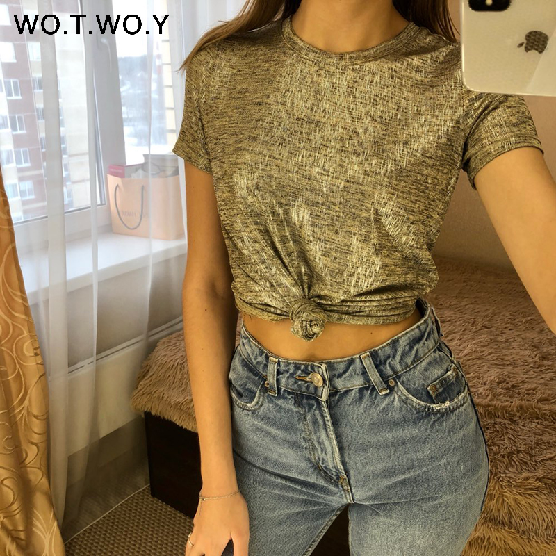 WOTWOY Silver Shiny Lurex Knitted T Shirts Women 2019 Summer Sexy Slim O-Neck Short Sleeve T shirt Woman Solid Tees Harajuku