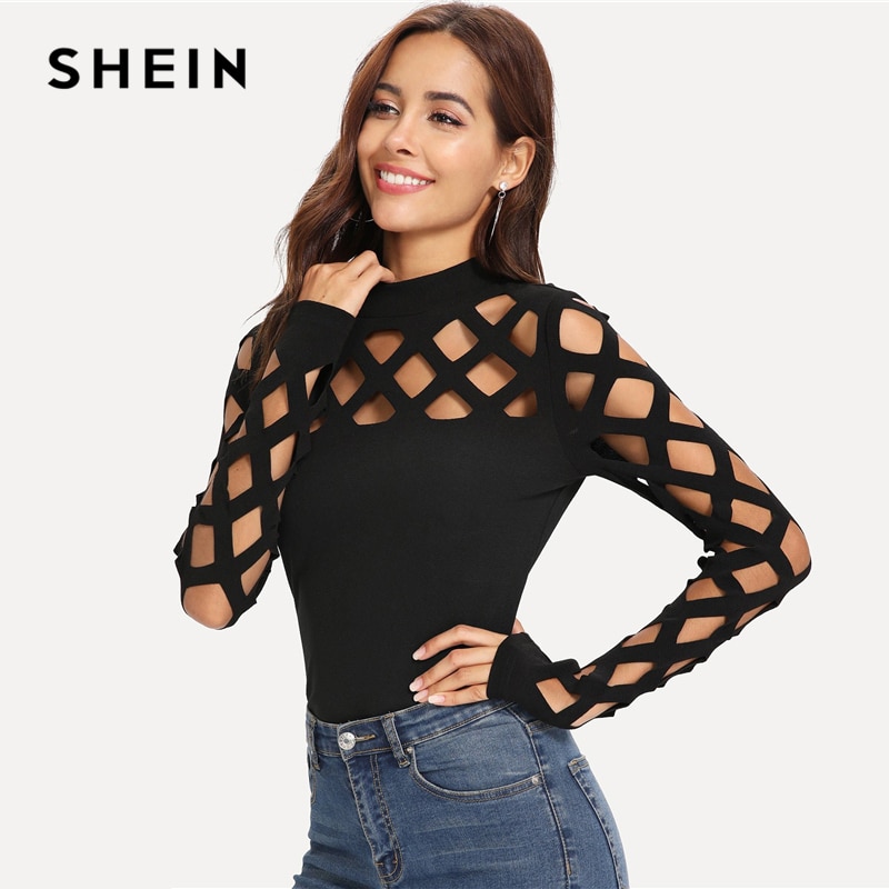 SHEIN Black Streetwear Party Elegant Sexy Workwear Square Cutout Shoulder Fitted Skinny Tee Autumn Women Office Lady T-shirt Top