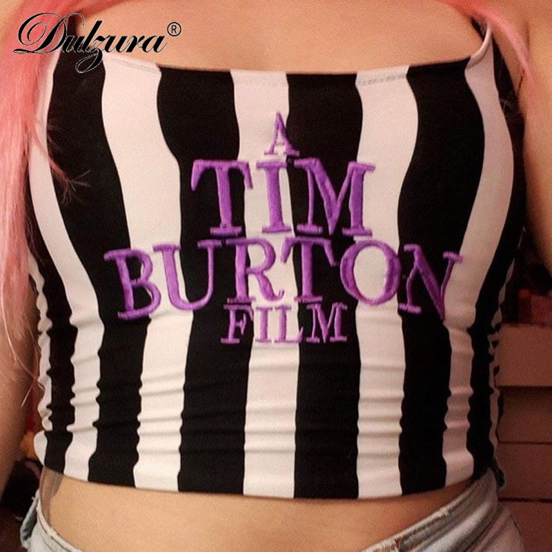 Dulzura letter embroidery women sexy crop top 2018 summer sleeveless skinny camis stripe camisoles TIM BURTON