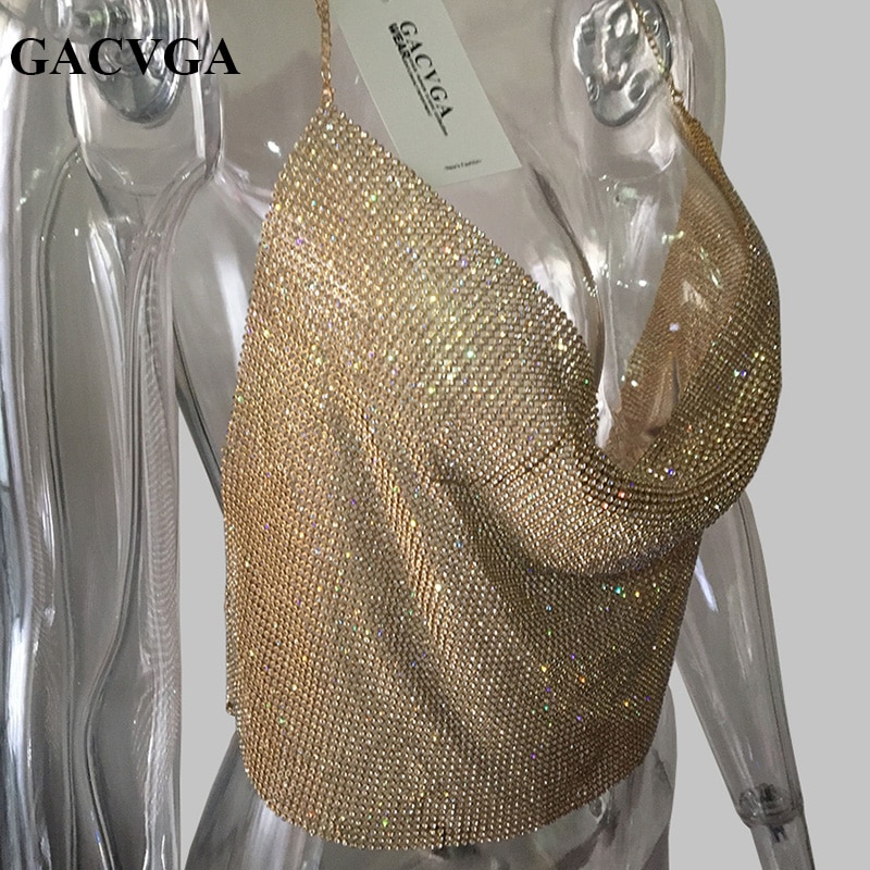 GACVGA 2019 Handmade Crystal Tank Top Sexy Backless Summer Beach Women Crop Top Halter Camis Metal Bralette Ladies Croped Tops