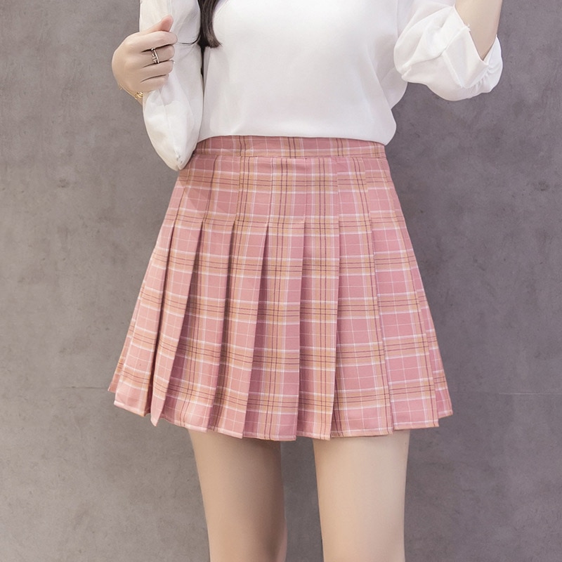 Korean style women zipper high waist skirt school girl faldas pleated plaid skirt sexy red mini skirt jupe femme