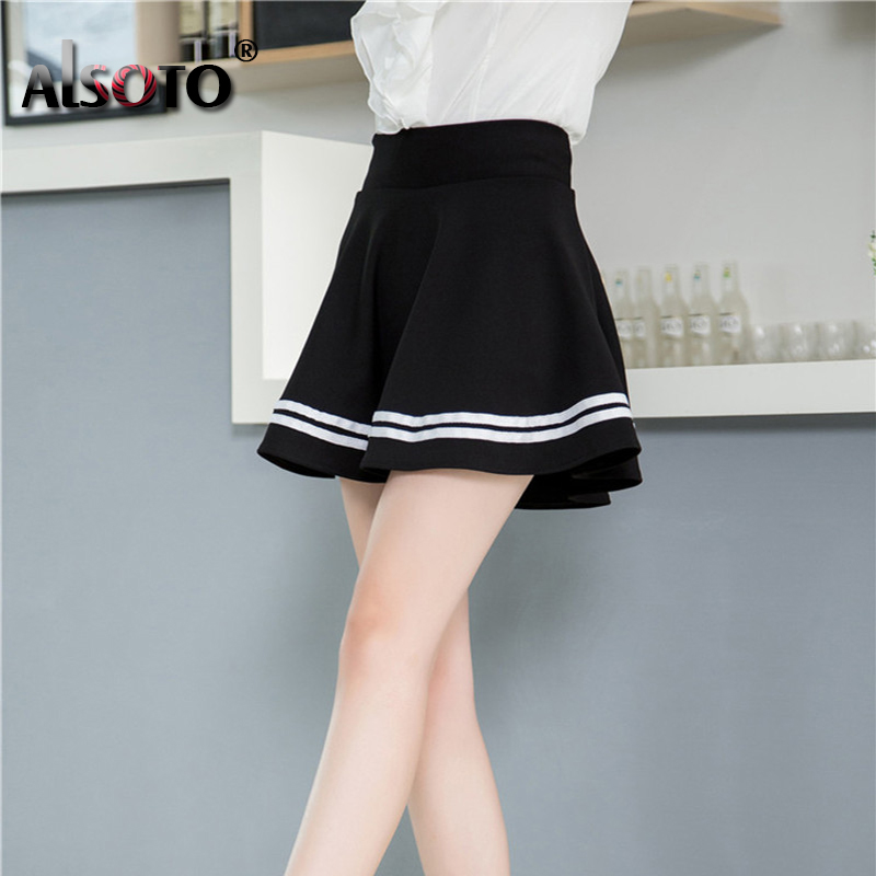 ALSOTO Fashion Summer Style Women Skirt Solid Color Sexy High Waist Pleated Skirt black Korean Version Mini A-line Saia