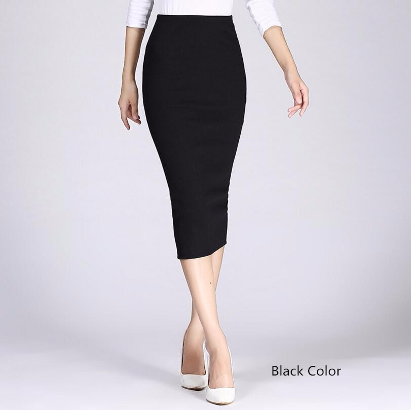 Stretch Slim Knitted Skirts Womens High Elastic Hip Mid-calf Solid ...