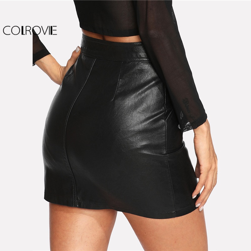COLROVIE Spring Plain Faux Leather Skirt Black Mid Waist Zip Front Sexy PU Skirt Women Elegant Sheath Above Knee Mini Skirt