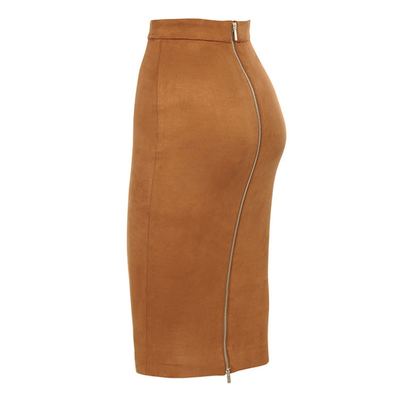 Colysmo Autumn Suede Midi Skirt High Waist Faux Leather Skirt Winter Skirts Womens Two-way Zipper Through Pencil Skirt Saia Midi