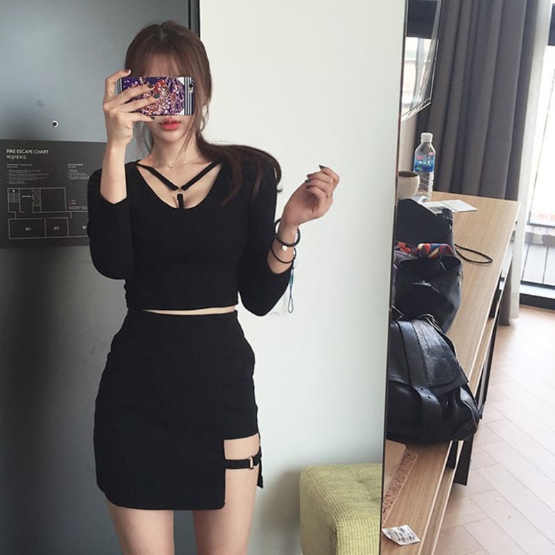 Korean Style Black Package Hip Saia Skirts Gap Irregular Hem Pencil Micro Mini Skirt