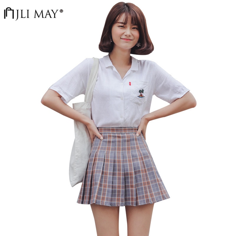 JLI MAY High Waist Blue Pleated Skirts Girls Harajuku Skirt Solid Plaid A-line Mini Japan Korean style school uniform Women