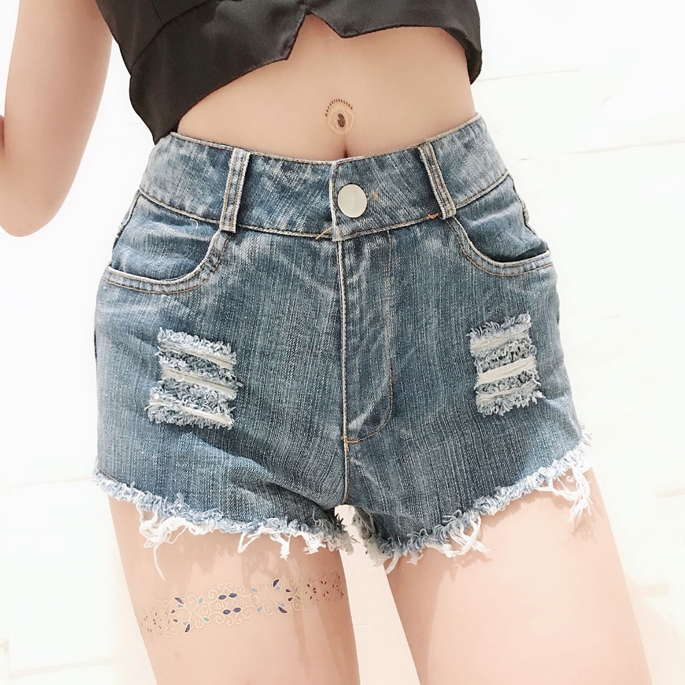 TASTIEN Highwaisted Mini Jeans Shorts Women Hollow out Sexy Booty Mini Blue White Black Shorts Sexy Denim Shorts Jeans Clubwears