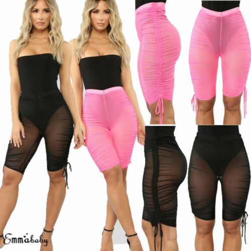 Sexy Women Mesh Swimsuit Cover Up Pant Sheer Perspective Swimwear See Through Shorts Pants