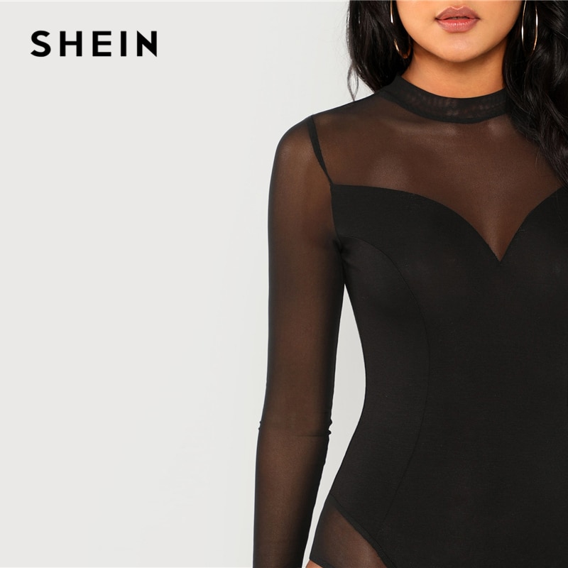 SHEIN Black Office Lady Elegant Mock Neck Mesh Panel Long Sleeve Skinny Solid Bodysuit 2018 Autumn Sexy Casual Women Bodysuits