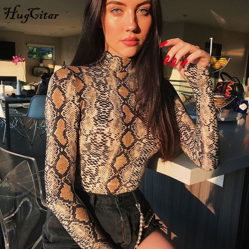 Hugcitar snake skin grain print long sleeve high neck bodysuits 2018 autumn women street fashion sexy snakeskin bodysuit