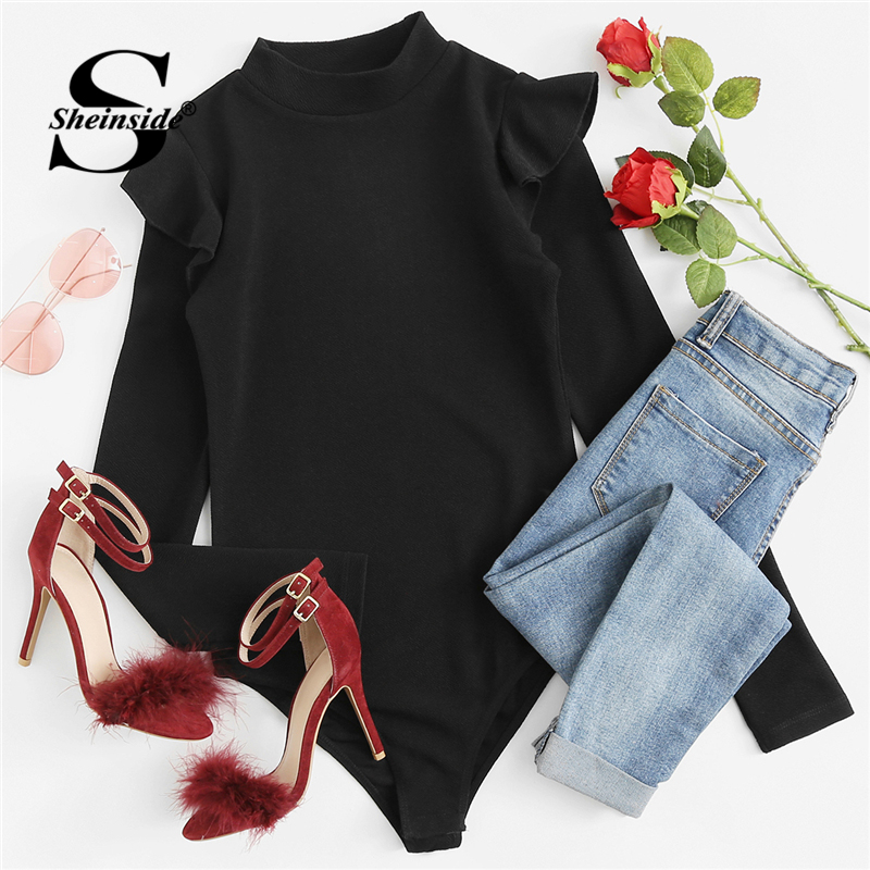Sheinside Mock Neck Frill Detail Textured Elegant Bodysuit Women Black Stand Collar Long Sleeve Mid Waist Skinny Bodysuit