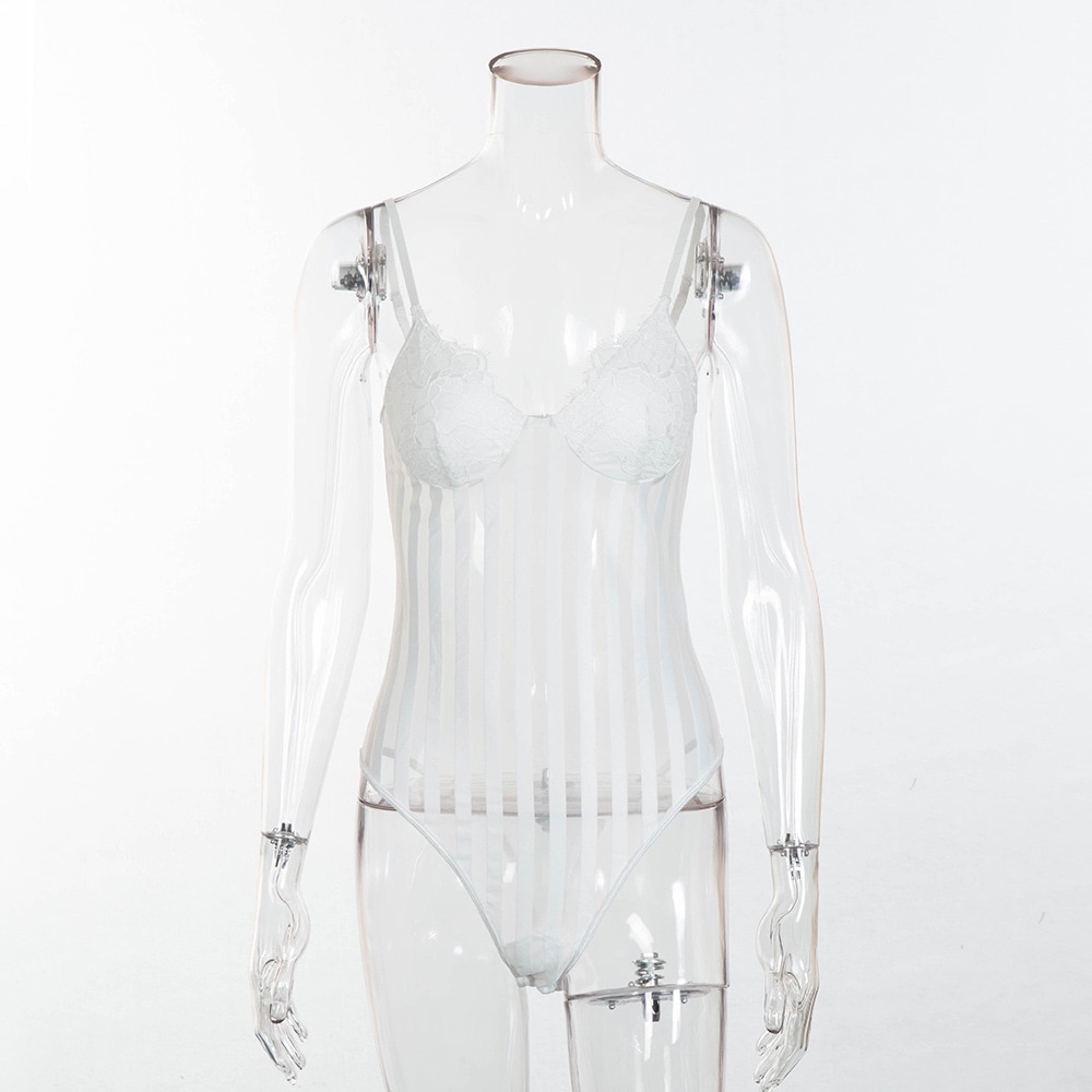 Cryptographic Sexy spaghetti strap mesh lace bodysuit women stripe patchwork jumpsuit transparent 2018 new catsuit body feminino
