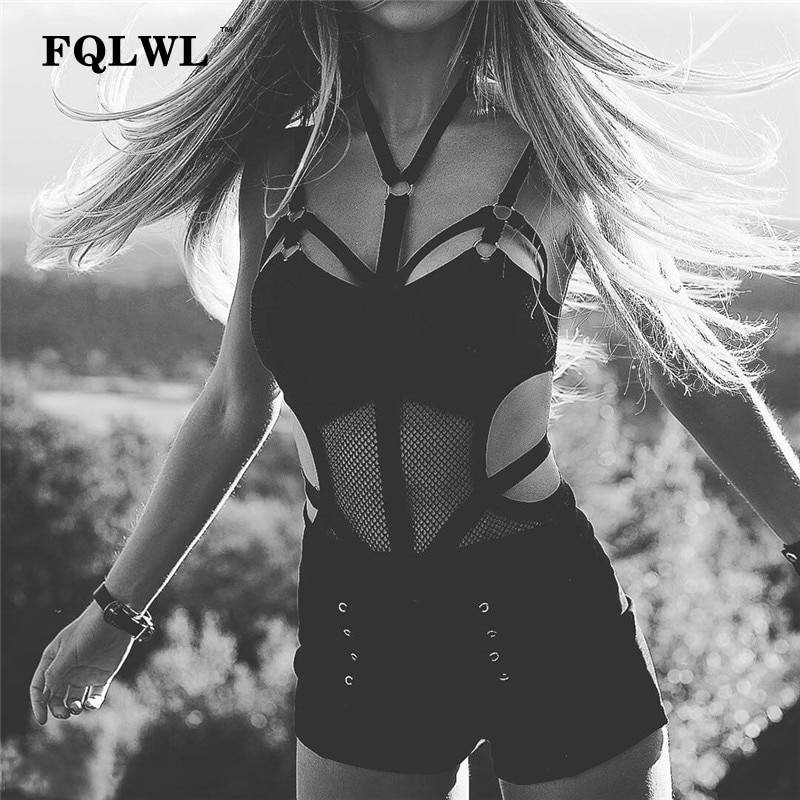 FQLWL Transparent Bodycon Mesh Bodysuit Sexy Halter Neck Black Top Femme Backless Bandage Rompers Womens Jumpsuit Summer Overall