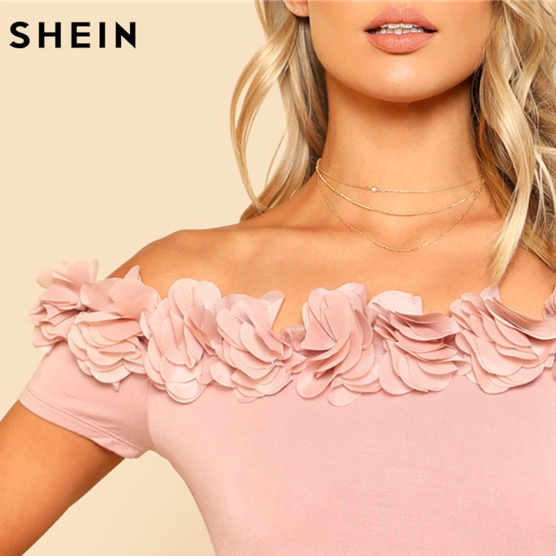 SHEIN Sexy Bodysuit Pink Short Sleeve Mid Waist Party Wear Skinny Bodysuit Flower Applique Off the Shoulder Bodysuit