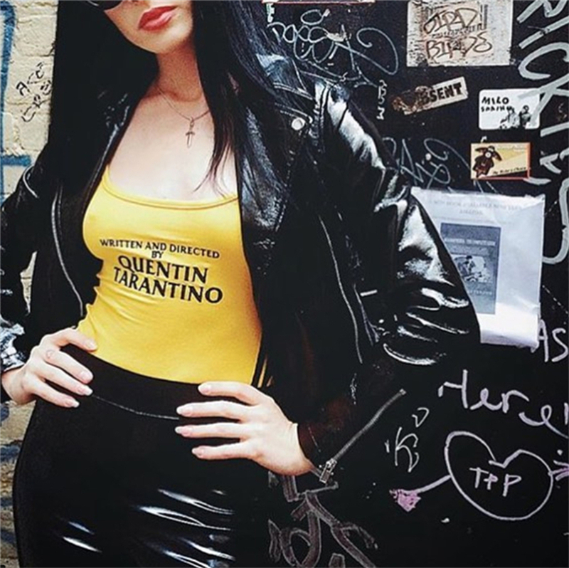 Body Tarantino Sexy Bodysuits 2018 Summer Women O-Neck Bodycon Skinny Jumpsuits Romper Button Yellow Letter Print Bodysuit S-XL