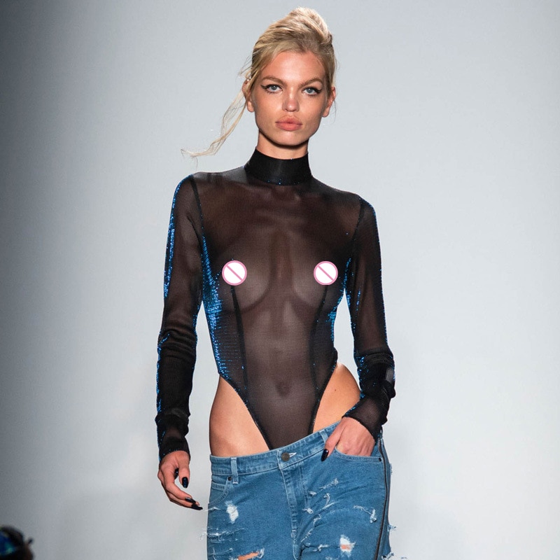 7Mang 2019 Summer Sexy Transparent Bodysuit Women Long Sleeve See Through Turtleneck Black Jumpsuits Glitter Mesh Playsuits 1228