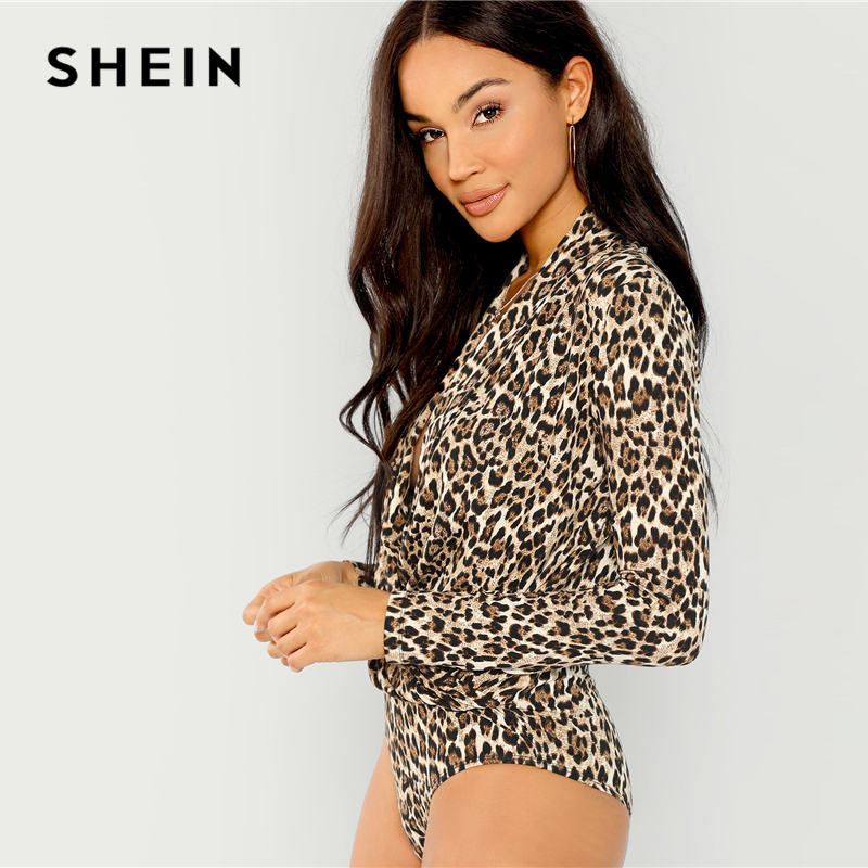 SHEIN Multicolor Elegant Sexy Surplice Neck Leopard Print Slim Fitted Mid Waist Bodysuit 2018 Autumn Women Casual Bodysuits