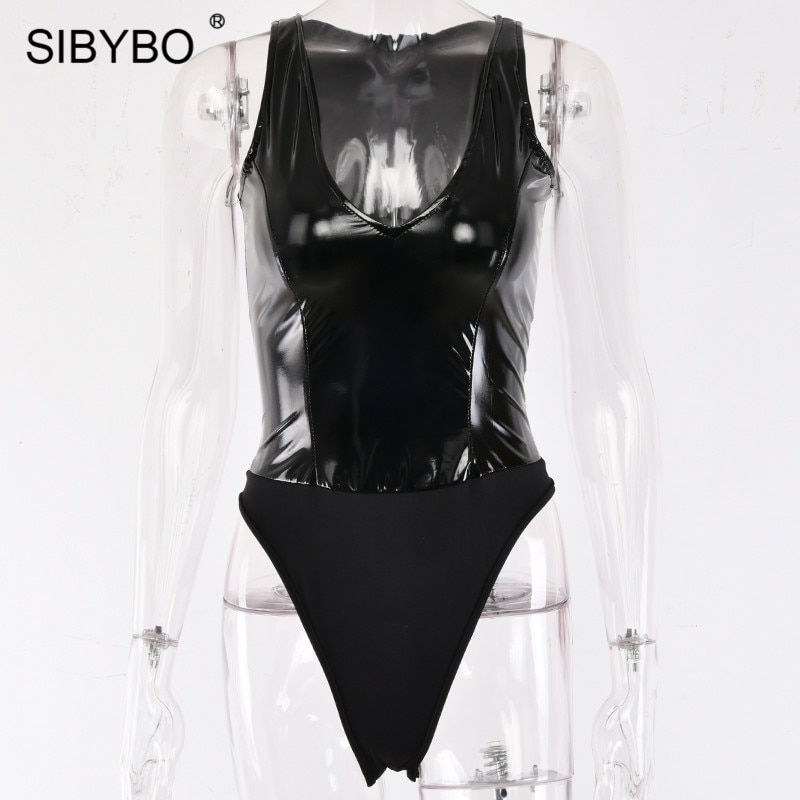 Sibybo V-Neck PU Leather Skinny Sexy Women Bodysuit Sleeveless Patchwork Summer Romper Women Beach Casual Ladies Bodysuits