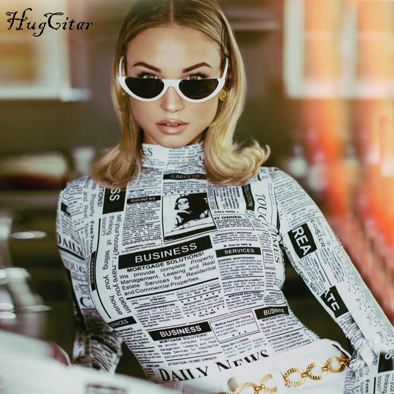 Hugcitar long sleeve high neck letters print sexy bodycon bodysuit 2018 autumn winter women fashion body
