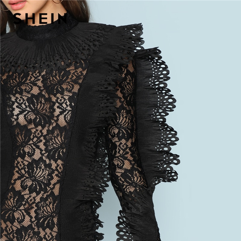 SHEIN Black Party Sexy Ruffle Embellished Sheer Lace Long Sleeve Solid Skinny Bodysuit Autumn Night Out Fashion Women Bodysuits