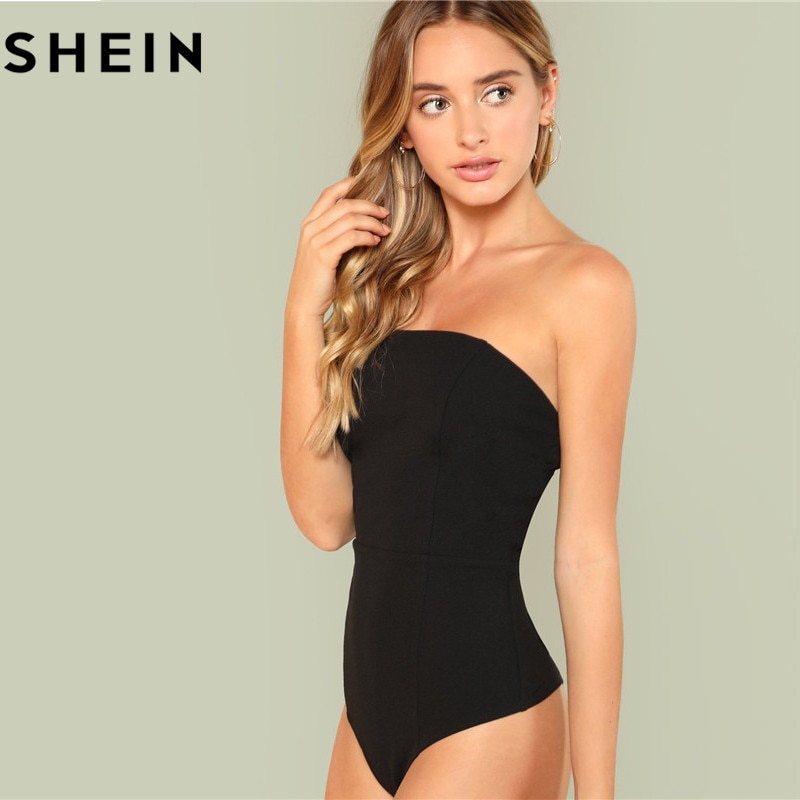 SHEIN Black Sexy Skinny Mid Waist Women Bodysuits 2018 Summer Party Go Out Slim Fitted Plain Sleeveless Strapless Bodysuit New