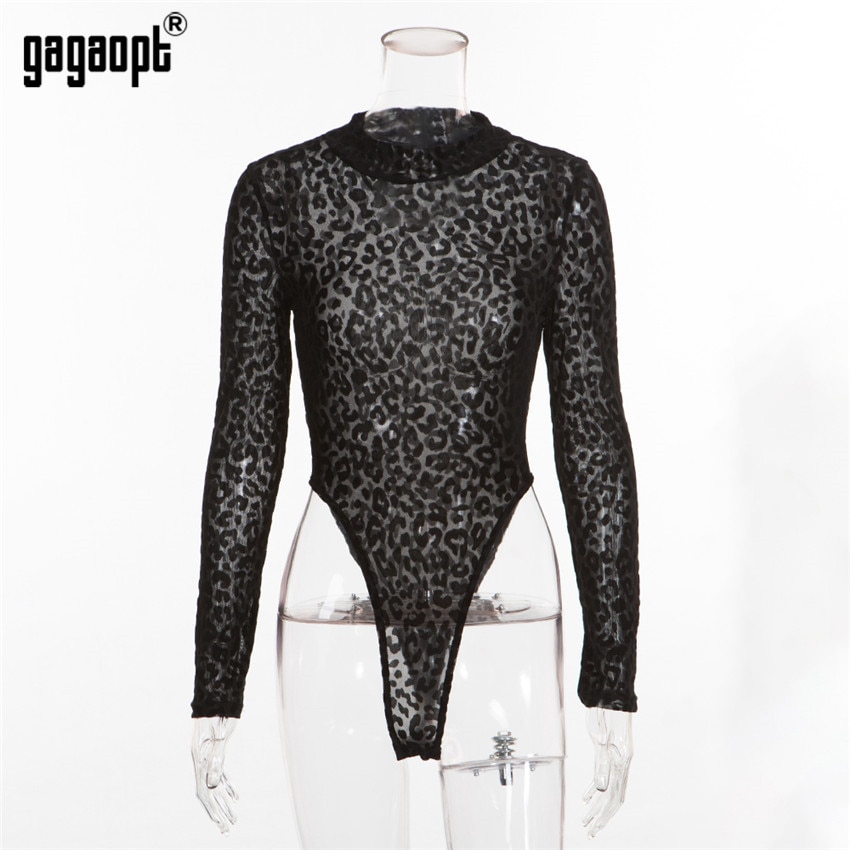 Gagaopt Leopard Bodysuit Long Sleeve Sexy Bodysuit Women Black Fashion Animal Print Mesh Bodysuit Jumpsuit Overalls Streetwear