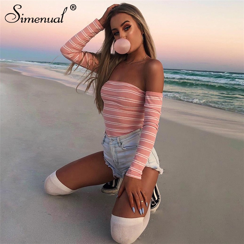 Simenual Backless lace up bodysuit women striped off shoulder bodysuits slim sexy hot long sleeve pink jumpsuits autumn rompers