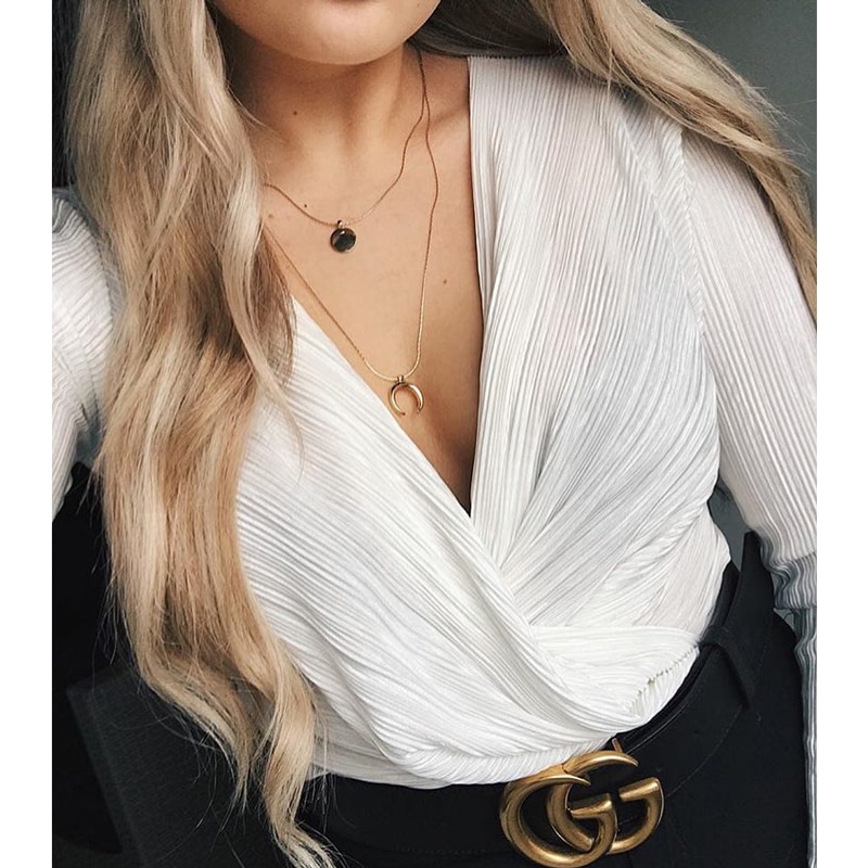 InstaHot 3 Color Pleated V Neck Bodysuits Blouse Women 2018 Autumn New Fashion Long Sleeve Textured Shirts Button Tops Elegant