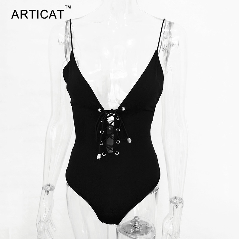 Articat Sexy Lace Up Bodysuit Women Summer Tops Spaghetti Strap V Neck Backless Rompers Womens Jumpsuit Party Bodycon Overalls